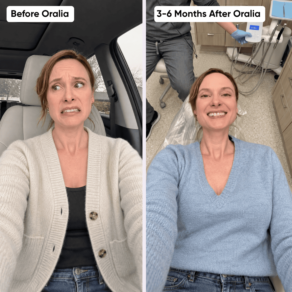 Side-by-side photos labeled Before Oralia and 3–6 Months After Oralia, showing a woman in a car and smiling in a dental chair.