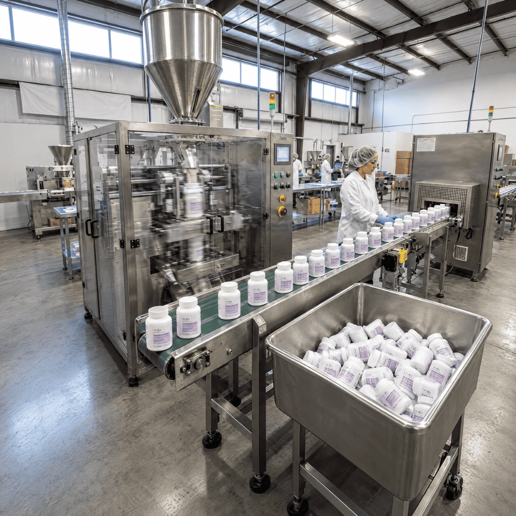 Oralia bottles on a production line with staff and bottling equipment.