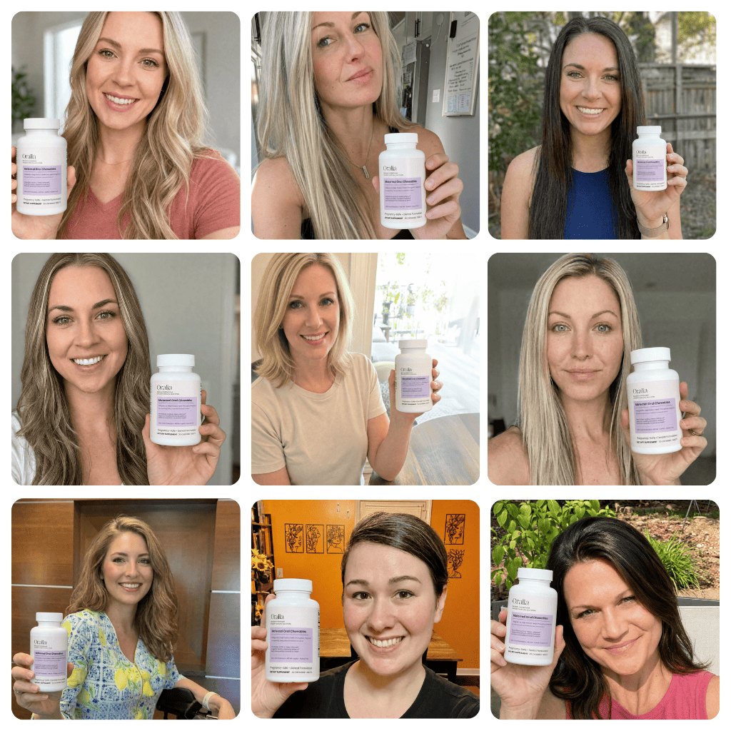 Collage of nine women holding Oralia bottles.