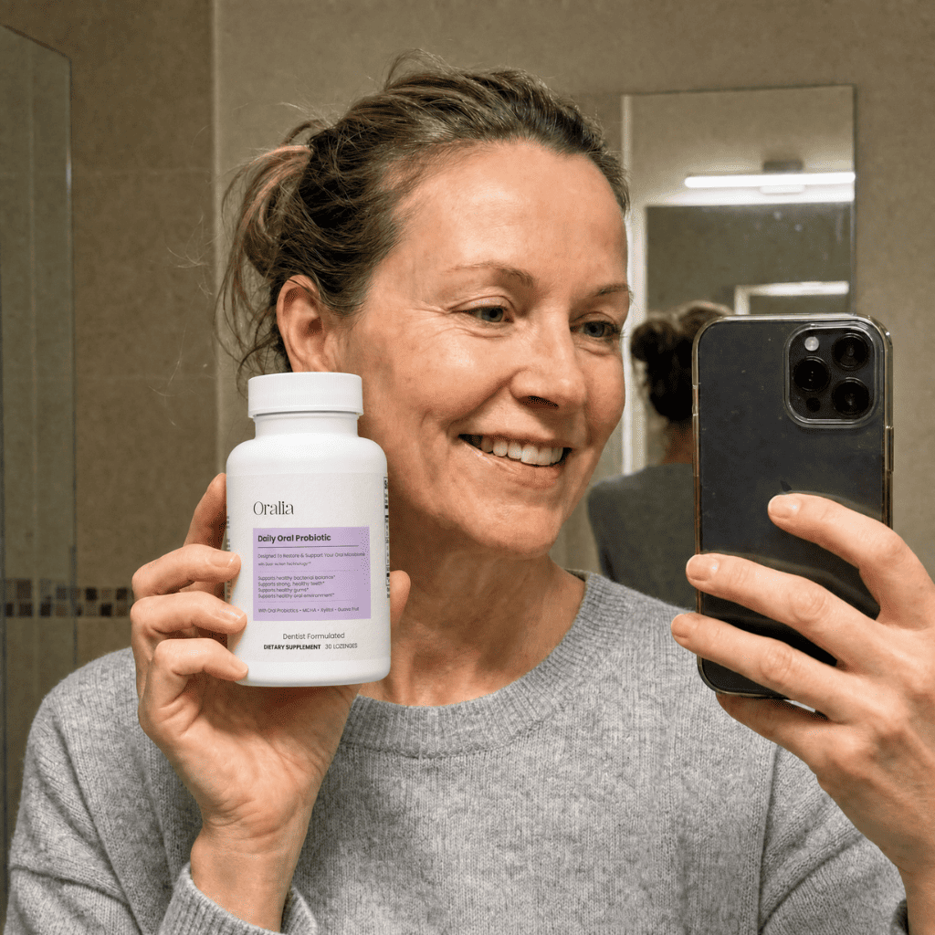 Smiling woman holding an Oralia Daily Oral Probiotic bottle while taking a mirror selfie.