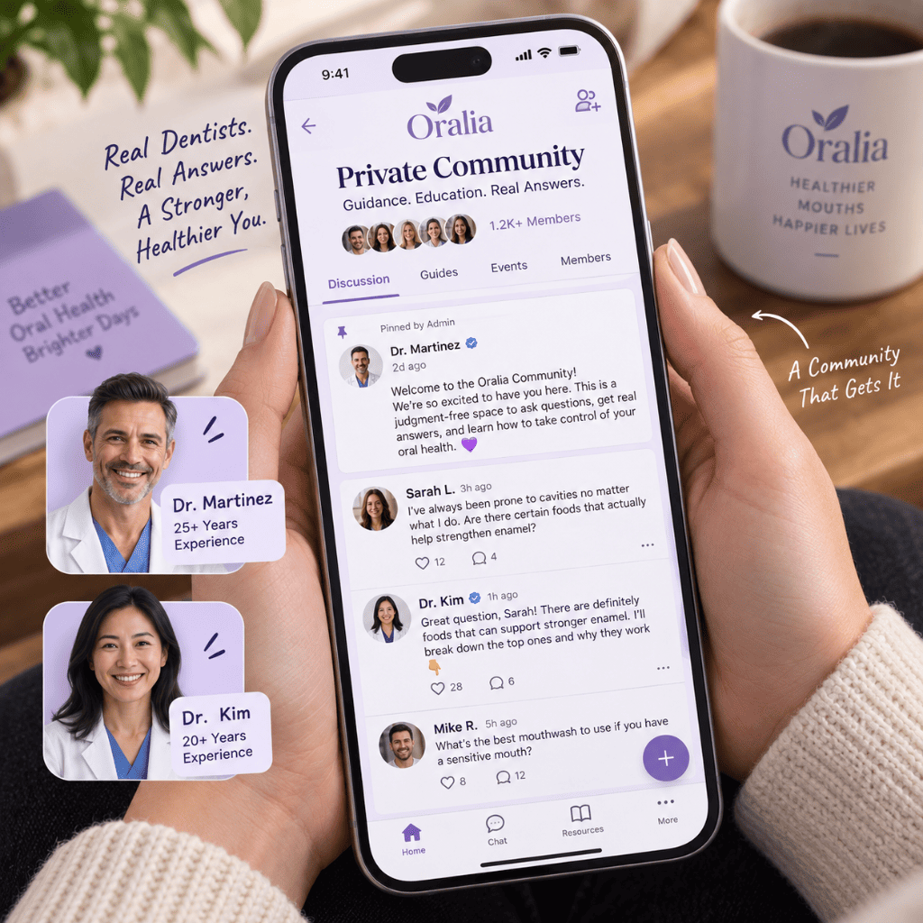 Oralia’s private dentist-led community displayed on a phone.