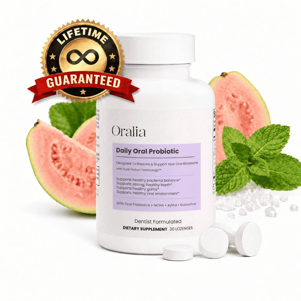 Oralia Daily Oral Probiotic bottle and lozenges with guava and a Lifetime Guaranteed badge.