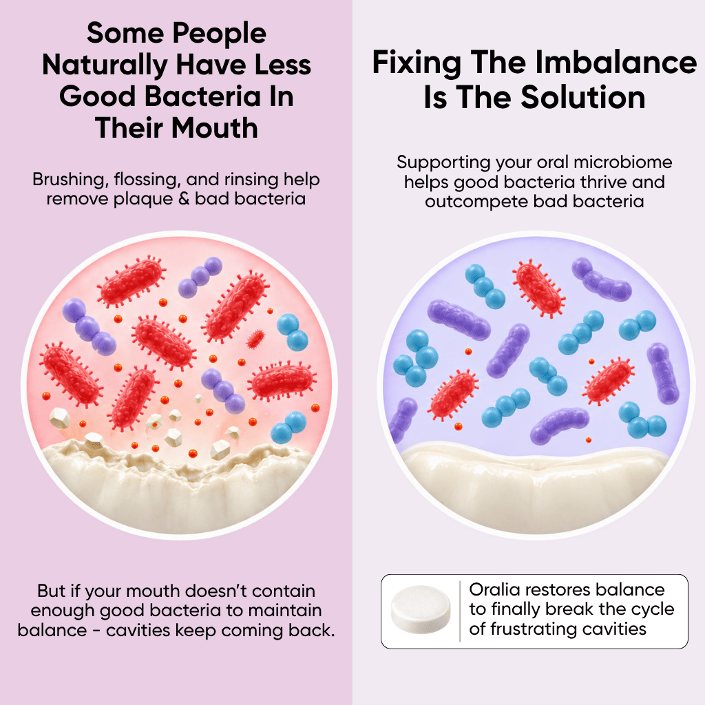 Illustrated comparison of oral bacteria and support for a balanced oral microbiome.