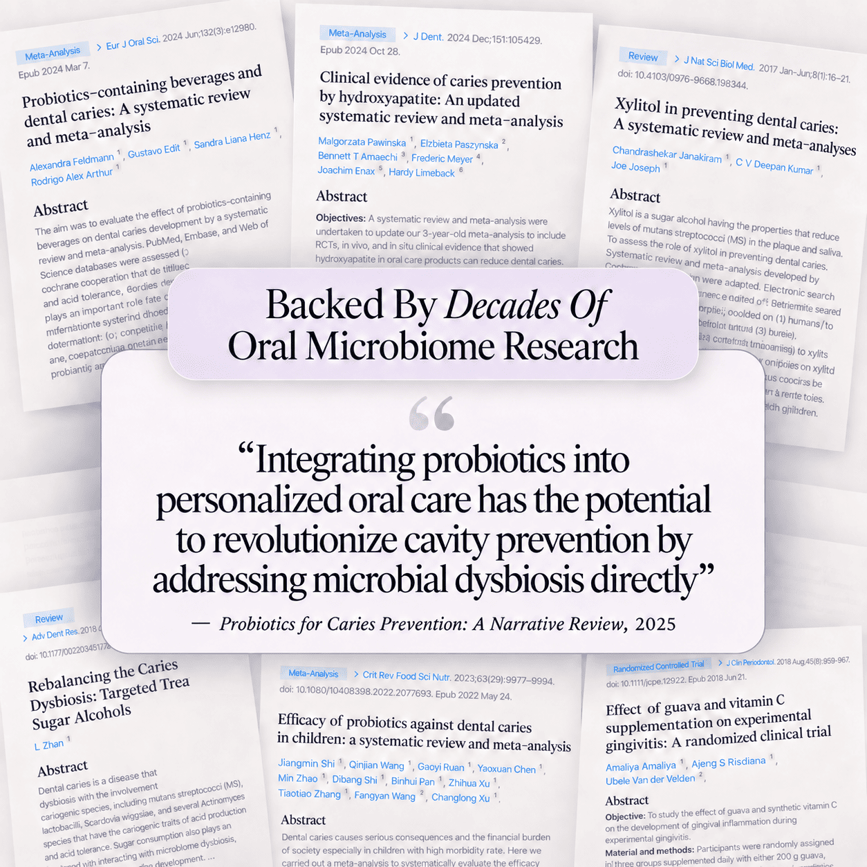 Oral microbiome research collage featuring studies on probiotics, hydroxyapatite, xylitol, and guava.